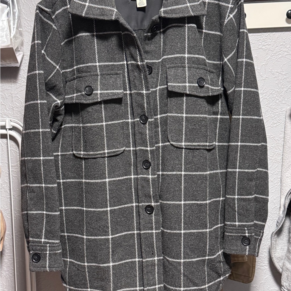 Gray Windowpane Utility Shacket Jacket